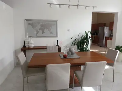 Bo Concept Extendable 8-10 person Walnut Dining Table  w/ 8 Cream/Linen Upholstered Chairs