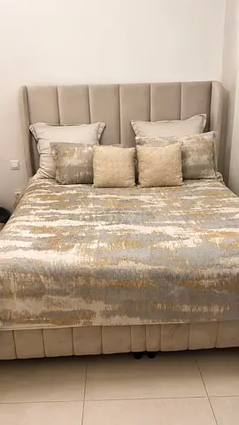 Beige Upholstered Bed with Headboard — Double/Queen