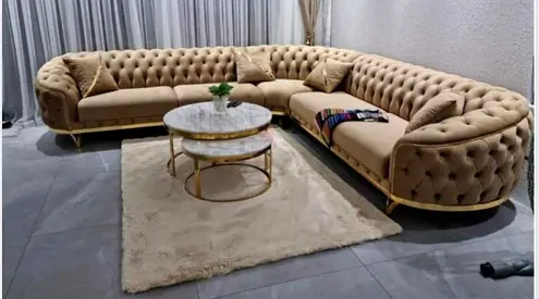 Large L-shaped Chesterfield Tufted Velvet Sofa with Gold Base - Beige