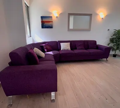 Large Purple Corner Sofa — Modern L-shape, Good Condition