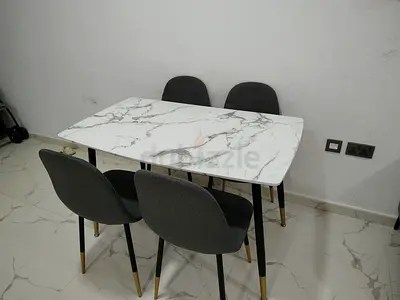 Modern 4-Seater Marble-Top Design Dining Table with Grey Chairs