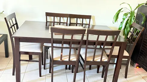 Solid Wood 6-Seater Dining Table with Chairs - Dark Finish