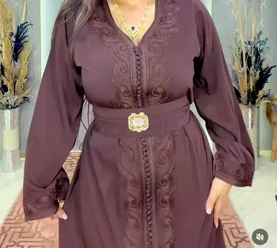 Brown Embroidered Caftan with Belt - Size Available