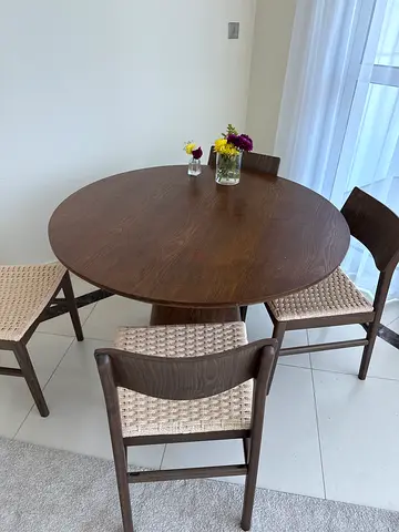 Solid Wood Round Dining Table with 4 Woven Seat Chairs - Good Condition