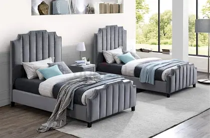 Pair of Velvet Twin Beds with Padded Headboards - Grey with mattress Delivery fixing