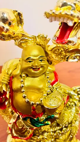 Gold-Colored Laughing Buddha and Dragon Figurine - Decorative Collectible