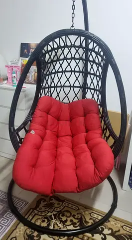Black Rattan Hanging Egg Chair with Red Cushion - very Good Condetion
