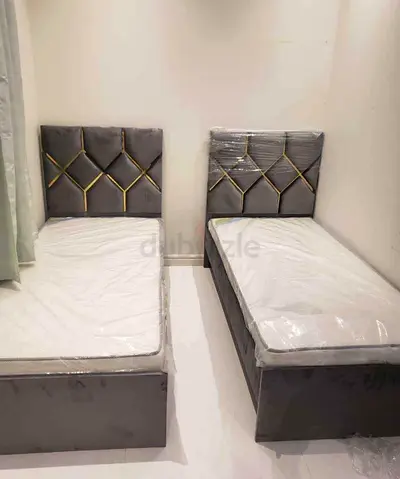 Pair of Single Bed Frames with Upholstered Headboards and Mattresses