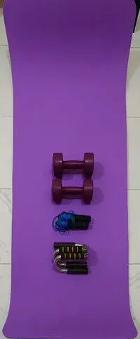 New Yoga mat with pair of 2x 2kg dumbbells, push up bar and skipping rope — light home workout set