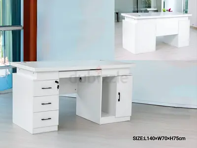 White L-shaped Office Desk with Drawers and Cabinet (L140 x W70 x H75cm)