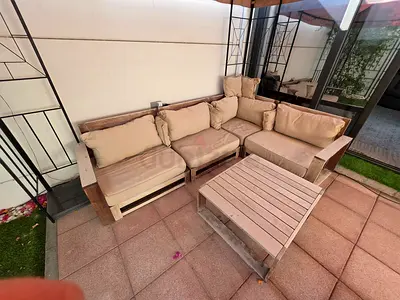 Outdoor Wooden Corner Sofa Set with Cushions and Coffee Table
