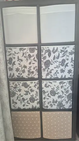 IKEA Kallax-style 8-cube Fabric Drawer Storage Unit - Black Frame with Floral and Polka Dot Bins