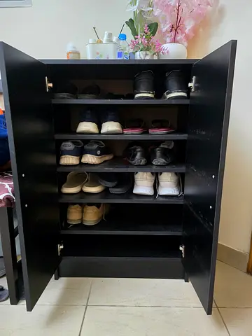 Black Wooden Shoe Cabinet with 5 Shelves - Good Condition