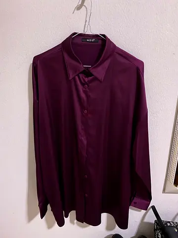 Silky wine deep purple color long button up shirt modest long sleeve blouse shiny