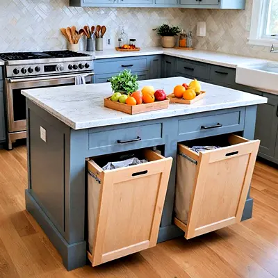 Modern Kitchen Island with Built-in Double Pull-Out Bins and Marble Top