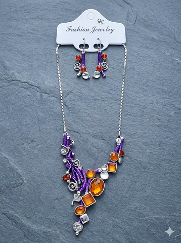 Purple and Amber Gemstone Necklace with Matching Earrings - Fashion Jewelry Set