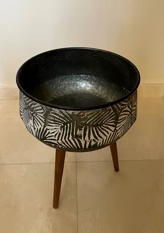 Decorative Metal Planter on Wooden Stand - Tribal Pattern