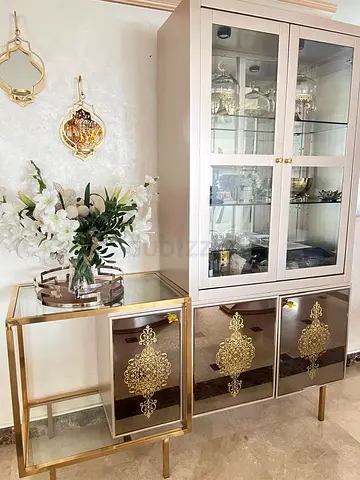 Gold Trim Display Cabinet and Side Table Set - Glass Front, Decorative Brass Inlay