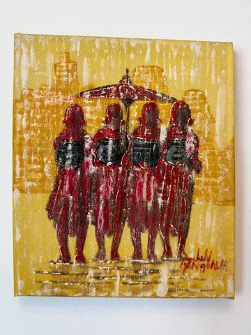 Original Myanmar Oil Painting – Monks in the Rain