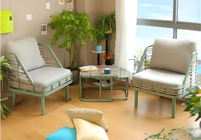 Modern Mint Green and Grey Outdoor/Indoor Lounge Chairs with Side Table - Set of 2