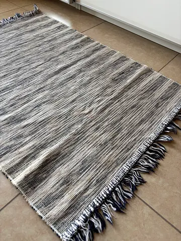 Handwoven Gray  Cream Striped Area Rug with Fringe - Good Condition