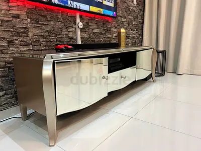 Modern mirrored TV unit / entertainment cabinet - silver finish