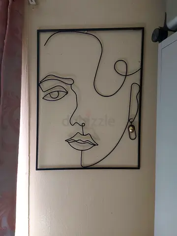 Minimalist Black Metal Wire Wall Art - Abstract Face (Framed)