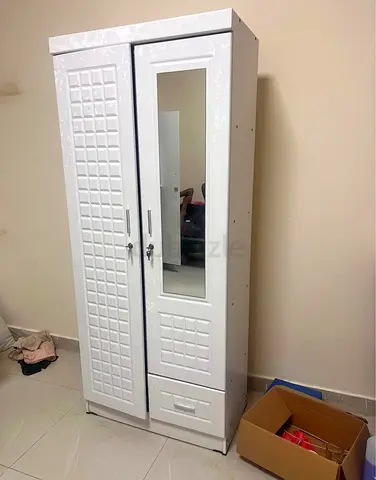 White 2-Door Wardrobe with Mirror and Drawer - Good Condition