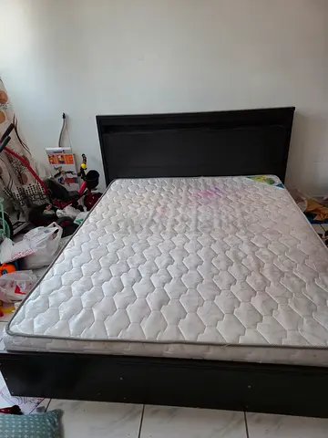 Moving Out Sale: Queen Double bed frame with mattress — solid  brown dark wood headboard - storage