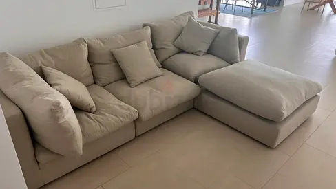 Beige L-shaped Fabric Sofa with Chaise - Comfortable, Good Condition