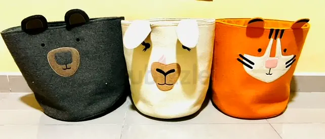 3 Crate  Barrel High-end Cute Animal Fabric Storage Baskets — Grey Bear, White Sheep, Orange Tiger