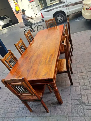 Solid Wood Dining Table with 8 Chairs - Rustic Finish