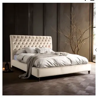 King tufted upholstered bed frame with headboard - cream