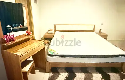 Queen wooden bed frame with mattress + matching dresser set with stool + 2 side tables