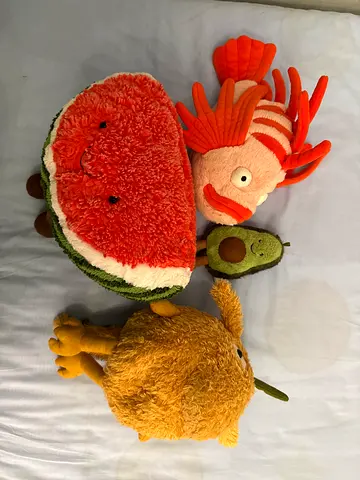 4 Jellycat — watermelon, fish, avocado and lion