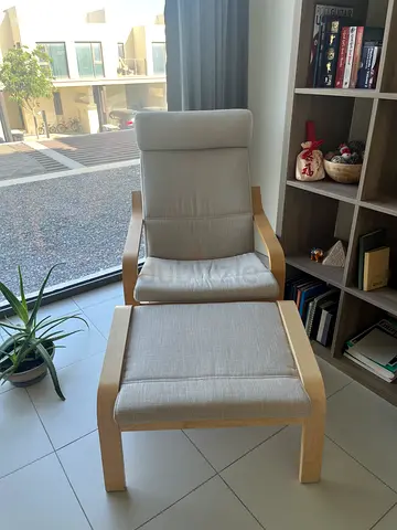 IKEA Poang beige wood frame lounge armchair with footstool - excellent condition