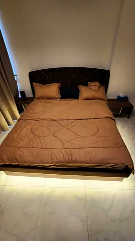 Queen-sized bed frame with upholstered headboard and mattress (used)