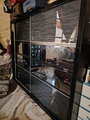 Large Black Sliding Door Wardrobe with Mirror Panels - Good Condition