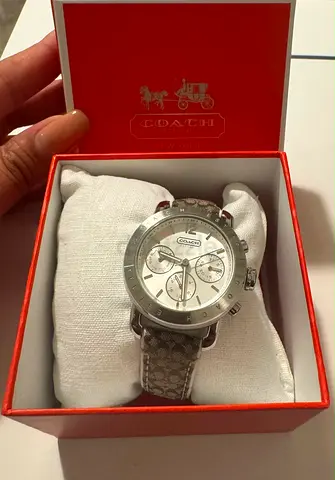 Coach Womens Chronograph Watch with Signature Strap - Silver Tone
