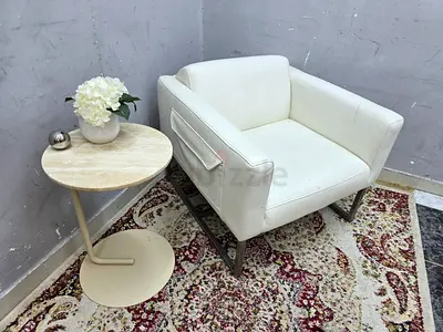 White Leather Armchair with Side Pocket - Good Condition