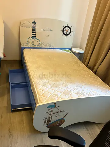 Single kids bed with mattress and under-bed storage - nautical theme