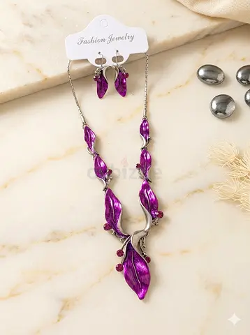 Purple Leaf Fashion Necklace and Earring Set - New