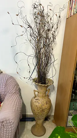Tall Decorative Floor Vase with Dried Twigs - Beige Floral Design