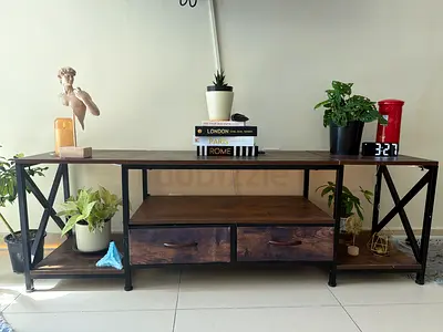 Solid Wood  Metal TV Unit with Drawers - Rustic Industrial Style