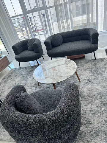 Round Grey Fabric Ottoman / Footstool with Metal Legs