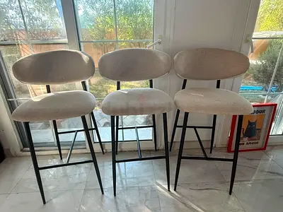 3 Light Beige Upholstered Dining/Bar Chairs with Black Metal Frame