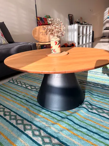 Round Coffee Table with Wood Top and Black Base