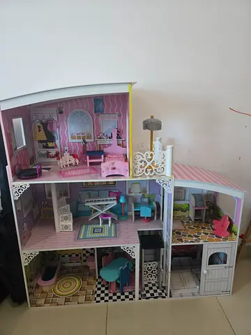 Large Pink Wooden Dollhouse with Furniture - 3-Storey Playhouse