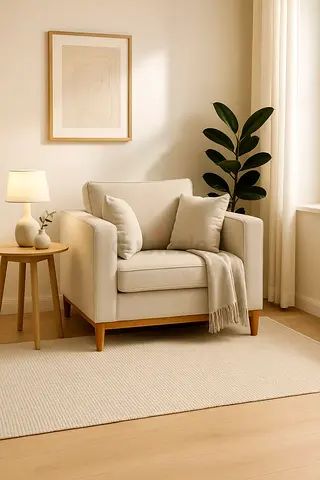Beige Single-Seat Armchair with Wooden Base -