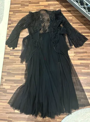 Black Beaded Tulle Evening Gown with Sheer Embroidered Jacket